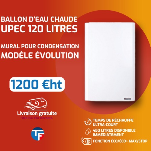 Ballon d'eau chaude UPEC 120 litres mural pour condensations et modèle EVOLUTION